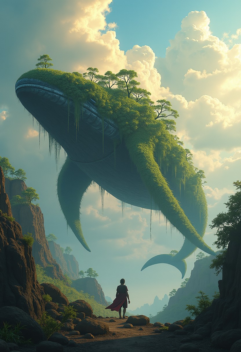 giant flying creature (covered in ancient forest), massive whale-like form soaring through the sky, trees and vines growing along its back, sunlight filtering through the leaves, sky filled with vibrant clouds, [soft glowing atmosphere], distant figure watching in awe, surreal and majestic landscape, [ancient magic and mystery], gentle flight through the heavens, nature intertwined with the mythical being