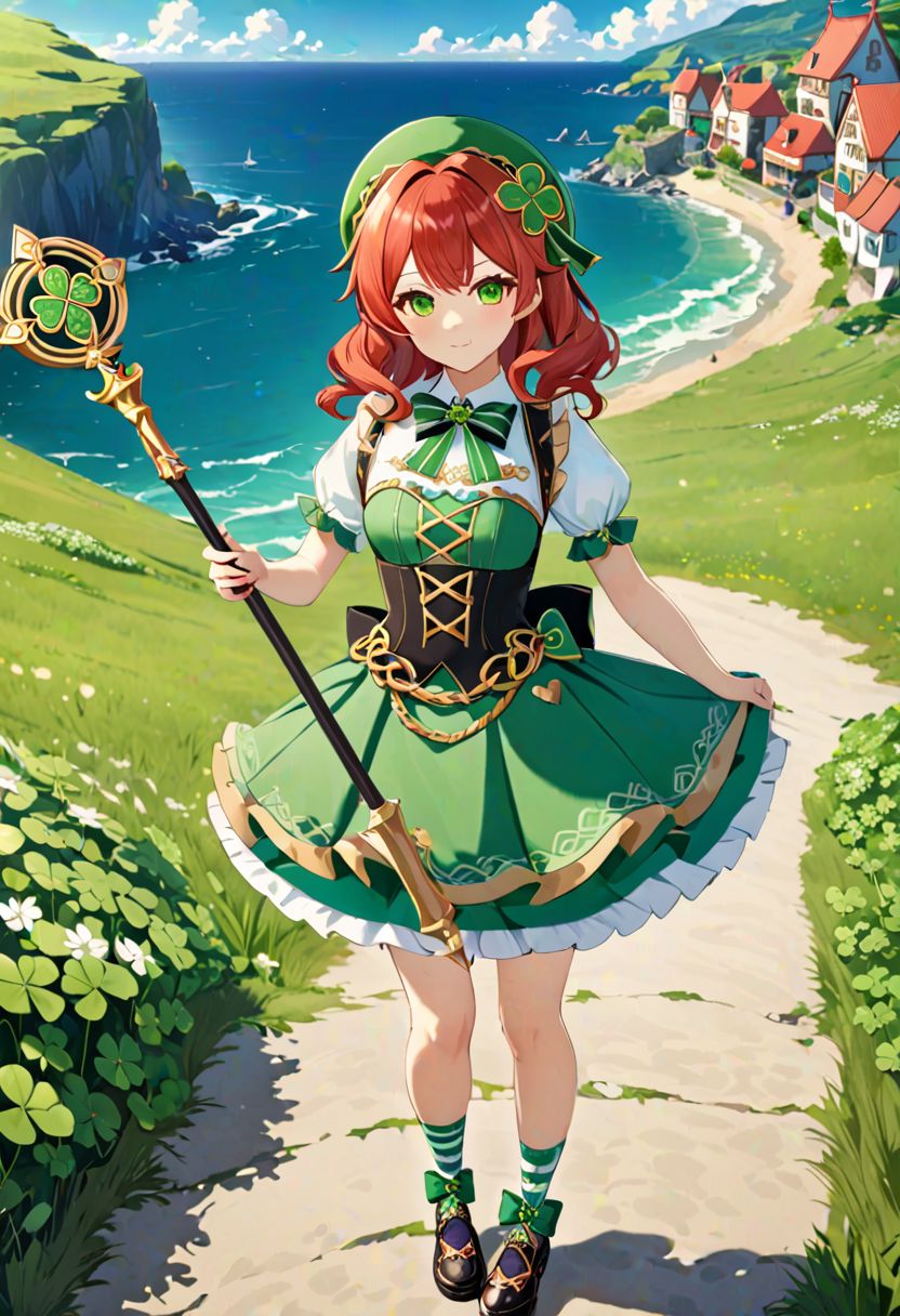 1girl, mahou shoujo, magical girl, full body, wavy ginger red hair, bow, green dress, (4 leaves clover, celtic knots:1.1), black belt, black shoes, green bowtie, holding magical staff, black and white stripe socks, green hat, detailed meadow rock seaside town background, masterpiece, best quality, colorful, natural dim lighting, Genshin Impact Style, idol dress