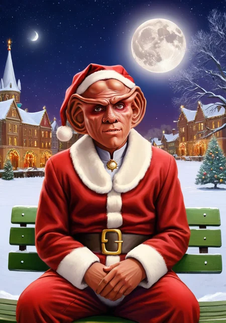 highly realistic digital painting of quark man dressed as santa claus relaxing on a park bench at night, santa hat, christmas, snow, nightsky, moon, city in the background, extremely intricate, highly detailed, ultra high resolution, best quality, masterpiece, <lora:pepe_frog SDXL:0.6>, <lora:Quark-Man-SDXL:1>