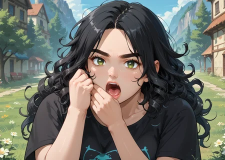 PonyScores7, source_anime, ah1, IllustriousQual, <lora:natsumi_style:0.5>, <lora:by_usakun-pony:0.4> by usakun, <lora:Akina_Bbw_Style_-_PonyXL:0.2> AkinBw
BREAK (landscape, far from viewer, full body)
BREAK 1girl, mature female, (round face:1.2), (thick eyebrows:1.3), (curvy), round-chin, caucasian, (plump face), <lora:Round_face:0.2>, <lora:ETO_OCPonyXL:0.3> eto_oc, skindentation, (plump), thick thighs, wide hips, busty, voluptuous, lips, <lora:venus body PonyXL:0.3>, <lora:shinyskin2:0.2> glistening skin
BREAK  (((curly hair), long hair, (black hair:1.4), (parted hair:1.7), messy hair, kinky curls, <lora:hairdetailpxl:0.2> hairdetailpxl))
BREAK ((half green and brown eyes), (colorful eyes), (multicolored eyes), (downturned eyes:1.4), <lora:expressive eyes:0.2> expressive eyes, <lora:eyedetailpxl:0.2> eyedetailpxl, <lora:Eyes_High_Definition:0.2> EyesHD)
BREAK ((Disgusted, A wrinkled nose, raised upper lip, and a slightly open mouth)),  <lora:Expressive_H:0.2> Expressiveh, <lora:Emotional_Anime_Expressions_PonyXL_Concept:0.2> emotional, <lora:Best_Facial_Expression_LoRA_PONY:0.2>, looking at viewer, <lora:Detailed expressive EXEV style -XL Pony V1.0:0.2> FaceDetail
BREAK ((wake up yawn, yawning, covering mouth))
BREAK Fuchsia Mesh skirt and a t-shirt
BREAK (((Wizard's marketplace with magical ingredients and mystical curiosities)))
BREAK <lora:xl_more_art-full_v1:0.2>, <lora:aesthetic_anime_v1s:0.2>, <lora:EpicF4nta5yXL:0.2>, <lora:detailxl:0.2> detailxl, <lora:Fant5yP0ny:0.2>, best quality, amazing quality, best aesthetic, absurdres, illustration, Volumetric_Lighting, ultra-detailed, very aesthetic, intricate details, 8k, masterpiece, best_quality
BREAK Stable_Yogis_PDXL_Positives, AS-Adult, <lora:Complicated fantasy portrait - XL Pony V2.0:0.2>, bad-hands-5, <lora:HDA_Detailer:0.3>, HDA_FatGirlXL