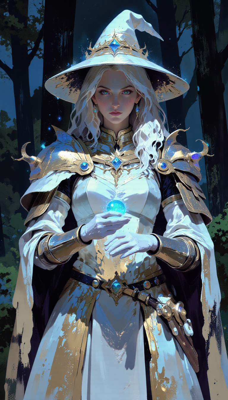 pscho_4rt,mythp0rt,very wide angle, put subject further away, small subject, A digital illustration shoot from a frontal camera angle about a magical female character in ornate armor holding a glowing orb. the image also shows a mystical atmosphere. on the middle of the image, a 1woman, who appears to be in her mid-twenties, with long, flowing white hair, wearing a large, pointed white witch's hat with a star-shaped crown, and silver armor with intricate designs. she has a serious expression and is facing the viewer, with her eyes closed. her body is slim, and she is wearing a white dress with intricate silver patterns. she is holding a small, glowing orb in her hands, which is glowing blue. the background is a dark, smoky blue with hints of blue and green, giving the image a mystical and mystical feel.  1girl, solo, long hair, gloves, dress, hat, holding, closed mouth, jewelry, standing, white dress, white gloves, earrings, belt, pauldrons, glowing, shoulder armor, witch hat, glowing eyes  camera_angle: frontal, art_style: digital illustration, location: mystical forest, background: dark and smoky, hints of green, text: NA, image_composition: middle, clothing: ornate white gown with silver patterns, silver armor, hair_color: blonde hair, distance_to_camera: full body, facial_expression: serious, action: holding glowing orb, accessory: pointed hat, lantern, pants: NA