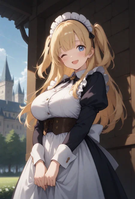 masterpiece best quality, absurdres very aesthetic, general, depth of field,intricate details, thin main lined,
a high-teens cute maid, petit, perky big breasts, blonde two side up hair,ice blue eyes, kindly (shy smile),;D,
(blooming castle_garden), detailed background,no holding,outdoors,(edwardian maid uniform),maid headdress,
from front view,cinematic angle and posing,snapshot, <lora:aesthetic_anime_v1s:0.6>