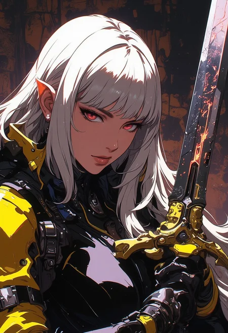 A powerful cyberpunk female warrior with long platinum hair and red eyes, wearing a futuristic black and yellow jacket with spikes and metallic straps. She wields a massive sword with scratches and glowing engravings. The artwork is highly detailed,  anime aesthetics with dark sci-fi., featuring dynamic lighting,