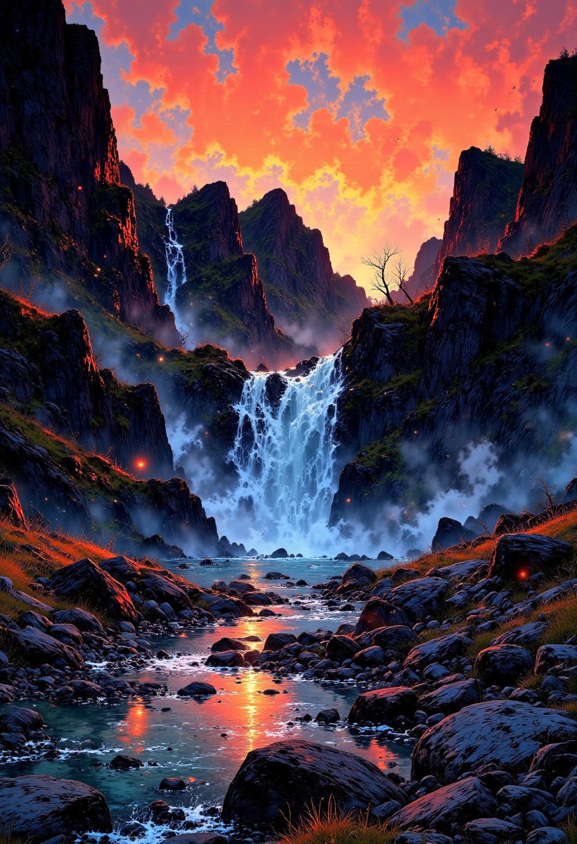 Icelandic Waterfall – Fiery Sunset & Cascading Rapids
"A majestic Icelandic waterfall cascades down rugged cliffs, surrounded by golden moss-covered rocks. The sky above glows in fiery shades of red, pink, and orange, casting a surreal light over the rushing waters. Mist rises from the base of the falls, catching the last rays of sunlight before fading into the cool twilight air."