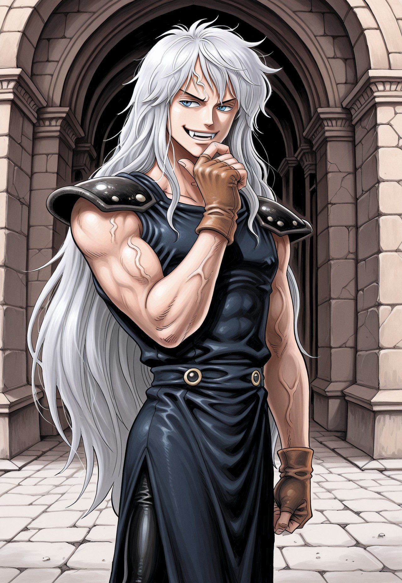 score_9, onepieceartstyle_style, onepieceartstyle, source_artwork, masterpiece, best quality, hyper-Detailed, 1man, solo, male focus, alone, detailed, Dark Schneider ((muscular body, fair skin, silver hair, very long hair, blue detailed eyes, slit pupils, fangs)), ((wearing sleeveless medieval outfit, robe, pauldrons, fingerless gloves, leggings,)), portrait, smiling, hand on chin, standing in a medieval city, day time