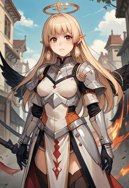 This high-quality digital artwork depicts a fierce, armored female warrior angel with long, flowing golden hair, holding an intricate glowing, ruined yellow long sword. She has large, black wings and is clad in intricately designed, dark metal armor that covers her torso and arms. Her expression is determined and powerful. The background features a sky high dark tower with a bizarre and horrifying architecture. The camera angle is low, looking up at the female warrior angel, emphasizing her imposing presence. The depth of field is shallow, keeping her in sharp focus while the background is slightly blurred. The overall aesthetic quality is very high, showcasing excellent use of lighting and composition.