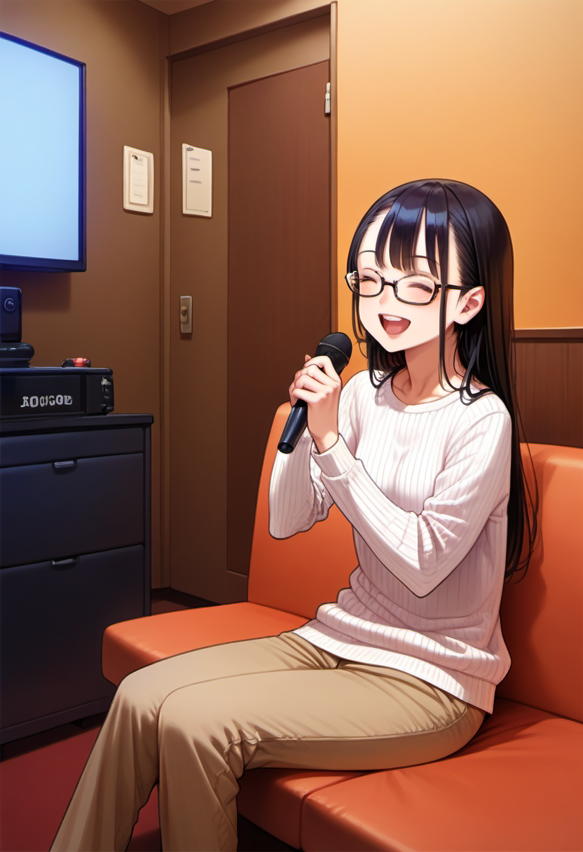 score_9, score_8_up, score_7_up, rating_safe, masterpiece, best quality, absurdres, unity 8k wallpaper, official art, official style, source_anime, uncensored, game cg, megami magazine,
1girl, solo, glasses, black hair, long hair, ribbed sweater, pants, happy, smile, closed eyes, open mouth, holding microphone, karaoke, sitting,
karaokeroom, scenery, table, door, indoors, couch, screen,joypad, microphone, television,
 <lora:karaoke_room_PONY_V3A:0.8>