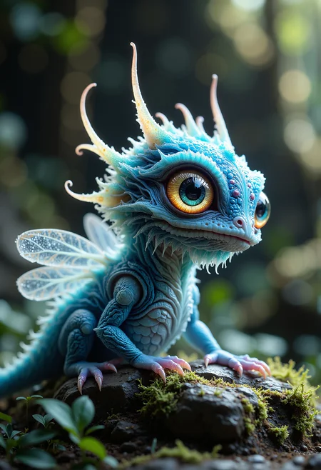 cinematic film still A light blue delicate tiny hybrid [dragon|frog] body sits on a stone, very big clear eye, translucent wings, elongated and skinny body, hyperdetailed photography, masterpiece, best quality, high quality, highres, ultra-detailed, best quality, 8K, high resolution, extreme detail, (outstanding composition:1.4) photography, Hyper-realistic, 16k resolution, (masterpiece, award winning artwork), many details, extreme detailed, full of details, Wide range of colors, high Dynamic, midjourneyv6.1, aiai-Glimra, aidmaHyperrealism <lora:aidmaMJ6.1-FLUX-V0.1.safetensors:0.5>,  <lora:aiai-Glimra-Flux-Dev-v2.safetensors:0.5>,  <lora:Movie_Portrait.safetensors:0.5>,  <lora:The Weirdies [Flux]_R.safetensors:1.0>, theW3iRDi3Sv2, monster, creature     . shallow depth of field, vignette, highly detailed, high budget, bokeh, cinemascope, moody, epic, gorgeous, film grain, grainy
