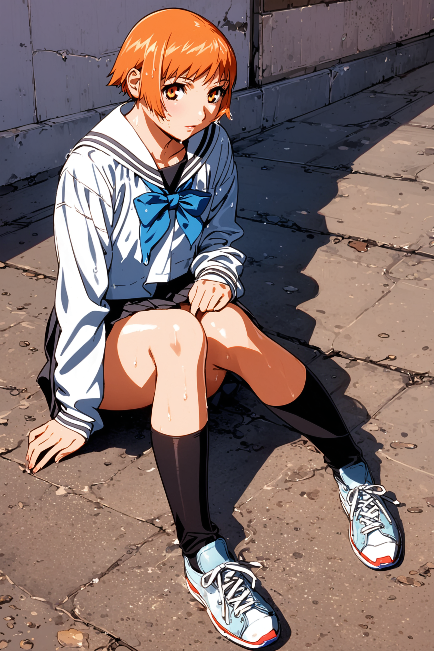 Mikura Suzuki,1girl,solo,school uniform,skirt,sitting,wet,short hair,shoes,sneakers,socks,pleated skirt,kneehighs,serafuku,orange eyes,black skirt,orange hair,<lora:Yasuomi Umetsu_XL:0.8>,