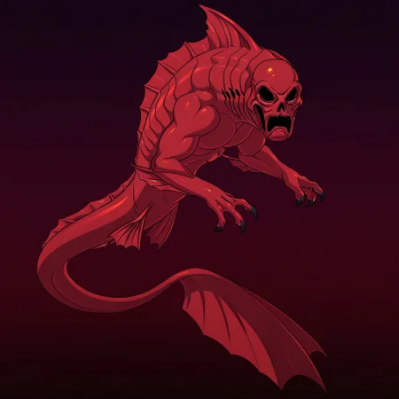 masterpiece, high quality, absurdres, 
CreepyRed, creepyred2, skeleton, 2 arms, 3-clawed hands, fins, flippers, caudal fin, dorsal fin, pectoral fin, red skin, solo, hollow eyes, monster, tail, claws, no humans, fish