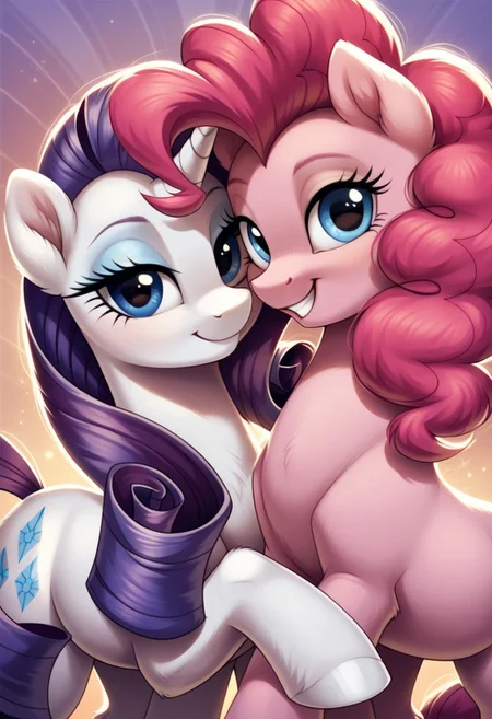 score_9, score_8_up, score_7_up, score_6_up, score_5_up, score_4_up, my little pony, ((feral pony)), Rarity, Pinkie Pie, 2girls, ((duo)), (sexy), beautiful, detailed, (detailed cute pony face), detailed eyes, detailed fur, detailed hooves, beautiful, vector, flat colors, (beautiful long eyelashes), (beautiful hooves), colorful background, ((abstract background)), (looking at you, looking at viewer:1.5), smiling, happy, cute smile, bedroom eyes, ((close-up)), high angle