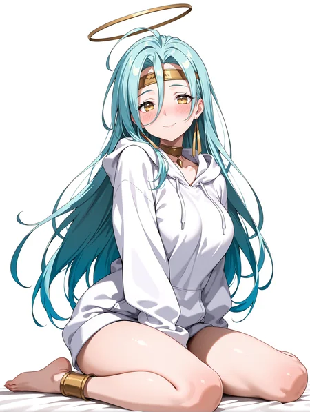 masterpiece,best quality,amazing quality,
1girl,solo,
<lora:Lushiris_ilxl_v1.0:0.9>,lushiris,halo,blue hair,yellow eyes,
<lora:Fixhands_anime_bdsqlsz_V1:1>,hoodie,smile,wariza,white_background,simple_background,looking_at_viewer,light_blush,sleeves past wrists,