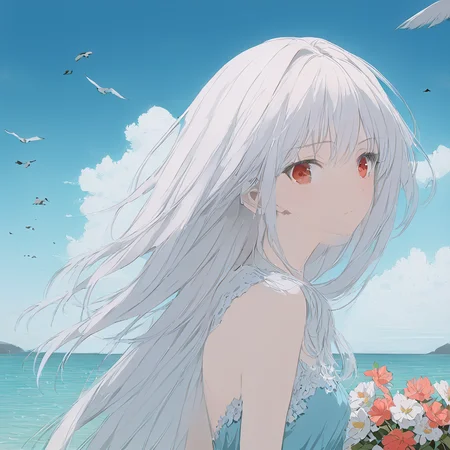 masterpiece,realistic,(flat color:0.5),impressionistic painting,  luna, (sky:1.21), sea, flower, summer, morning, blue dress girl, flying bird, looking at viewer, face, wind, cloud,pole color,red eyes, white hair, <lora:Luna_Pony_test_after_3-000060:1>