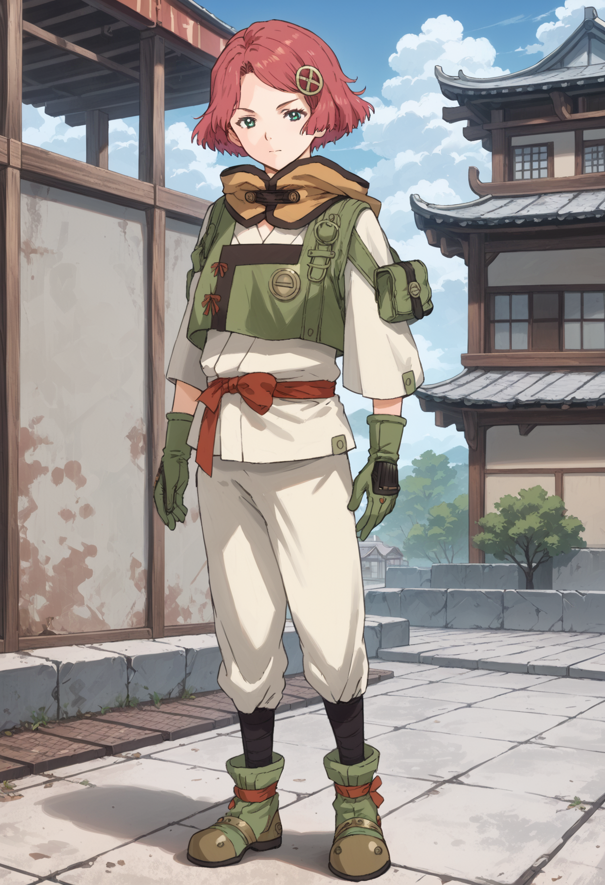 score_9, score_8_up, score_7_up, , source_anime,yukinakabaneri, 1girl, solo, green eyes, short hair, black socks, ,boots, red hair, , karate gi, green gloves,  green vest, standing, closed mouth,hood down,hairclip,  red belt<lora:yukinakabaneri_pony4:1> full body,  standing, rooftop, japanese building,   steampunk,