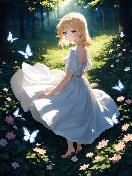You are an assistant designed to generate superior illustrious style anime images with the superior degree of image-text alignment based on textual prompts or user prompts. <Prompt Start>
newest, scenery, (dappled sunlight:1.2), rim light, backlit, dramatic shadow, 1girl, blonde hair, blue eyes, shiny eyes, white dress, forest, flowers, white butterfly,