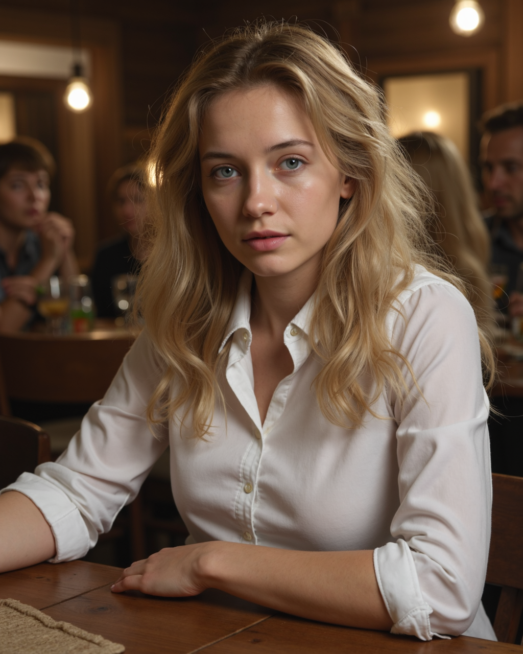 18 years old, (high definition), (cinematic) photo of girl at party (sitting behind a table playing drinking games), high contrast, soft light, cute, petite, slender, Australian, (large sagging breasts), Petite body, (Wearing form fitting white shirt:1.5)(deep v neck:-1.2), (long blonde wavy hair:1.3), (Big blue eyes:1.3), Highly detailed eyes, Highly detailed face, Highly detailed skin, eyes open, Jewelry, (real skin, textured skin, intricately detailed eyes, perfect lips:1.1), (skin textures), (intricately detailed eyes:1.4), narrow hips, slim body, (subsurface scattering), (dim cozy lighting), warm rich dark color palette <lora:Natalia:0.65><lora:nipples:-0.99>