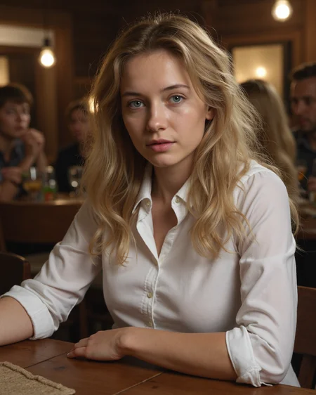 18 years old, (high definition), (cinematic) photo of girl at party (sitting behind a table playing drinking games), high contrast, soft light, cute, petite, slender, Australian, (large sagging breasts), Petite body, (Wearing form fitting white shirt:1.5)(deep v neck:-1.2), (long blonde wavy hair:1.3), (Big blue eyes:1.3), Highly detailed eyes, Highly detailed face, Highly detailed skin, eyes open, Jewelry, (real skin, textured skin, intricately detailed eyes, perfect lips:1.1), (skin textures), (intricately detailed eyes:1.4), narrow hips, slim body, (subsurface scattering), (dim cozy lighting), warm rich dark color palette <lora:Natalia:0.65><lora:nipples:-0.99>