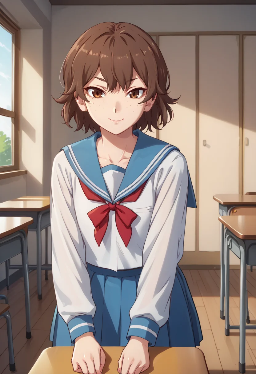 score_9, score_8_up,
1girl, <lora:MitonoShounou_OffSeason_PDXL:1>, mitonoshounou, brown hair, brown eyes, freckles,
school uniform, naoetsu high school uniform,
slight smile,
indoors
