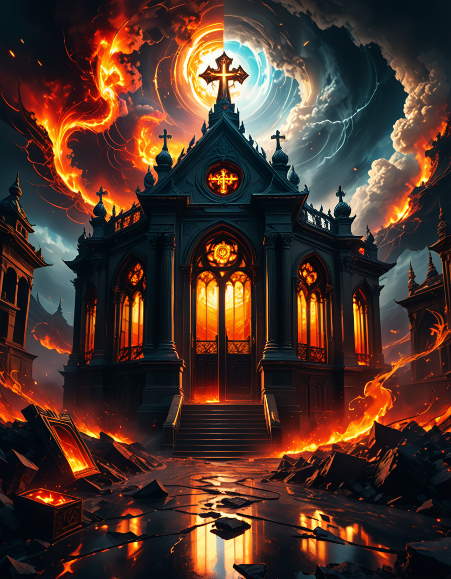 A once-majestic celestial temple, now under siege by the forces of Hell. The grand white stone structure is cracked and scorched, its golden crosses twisted and broken. The stained-glass windows, once glowing with warm divine light, are now shattered, with demonic symbols glowing ominously in their place. The sky, once a serene blue, is now consumed by dark storm clouds, swirling with red lightning and thick smoke.
Black, jagged chains extend from the sky, wrapping around the temple as if trying to pull it down into the abyss. The once-fluffy clouds beneath the structure are now a chaotic mix of fire, ash, and dark mist, with glimpses of molten lava cracks below. Infernal creatures with glowing red eyes lurk in the shadows, their silhouettes barely visible through the smoke and fire.
The temple doors are blown open, revealing an eerie red glow emanating from within, as if Hell itself is consuming the sacred space. Massive demonic runes are etched into the stone, pulsating with an unholy energy. The entire scene is bathed in a deep crimson and orange glow, giving it an apocalyptic and nightmarish atmosphere.
Style & Lighting:
- Dark fantasy, highly detailed
- Dramatic, high-contrast lighting with fiery glows
- Cinematic composition, epic scale
- Strong use of shadows, embers, and atmospheric foghighly detailed and atmospheric view from inside a massive birdcage, large enough for a human to stand inside. The cage is made of ornate, aged metal bars with intricate Victorian-style patterns, curving elegantly towards the domed ceiling. Sunlight filters through the gaps between the bars, casting long, dramatic shadows on the wooden floor. Delicate vines and small flowers have begun to grow around the bars, adding a touch of nature reclaiming the space. The background beyond the cage is blurred, hinting at a lush garden or a mysterious, abandoned mansion. The ambiance is serene yet slightly melancholic, with warm golden light illuminating dust particles floating in the air. Soft feathers are scattered on the floor, adding to the sense of quiet abandonment. The perspective makes the viewer feel as if they are inside the cage, looking outward, surrounded by both beauty and confinement. The style is highly detailed and realistic, with a cinematic and slightly surreal atmosphere.
<lora:SDXLFaeTastic2400:0.4> <lora:extremely_detailed:0.4> extremely detailed,evil celestial t3mpl3, <lora:evil_celestial_t3mpl3-p:1>, Masterpiece,best quality,hi res,8k,hi res,8k,award winning,(sharp focus, intricate, highly detailed),
