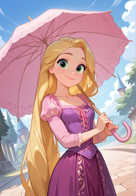 masterpiece, best quality, amazing quality, very aesthetic, absurdres, newest, detailed background, cowboy shot, outdoors, dynamic angle, perfect eyes, beautiful eyes,
rapunzelxd, 1girl, blonde hair, long hair, umbrella, very long hair, dress, solo, green eyes, smile, purple dress, looking at viewer, outdoors, holding, puffy sleeves, holding umbrella, long sleeves, day, juliet sleeves, collarbone, parasol, pink dress, closed mouth
<lora:Rapunzel_-_Disney_Illustrious_r1:1>