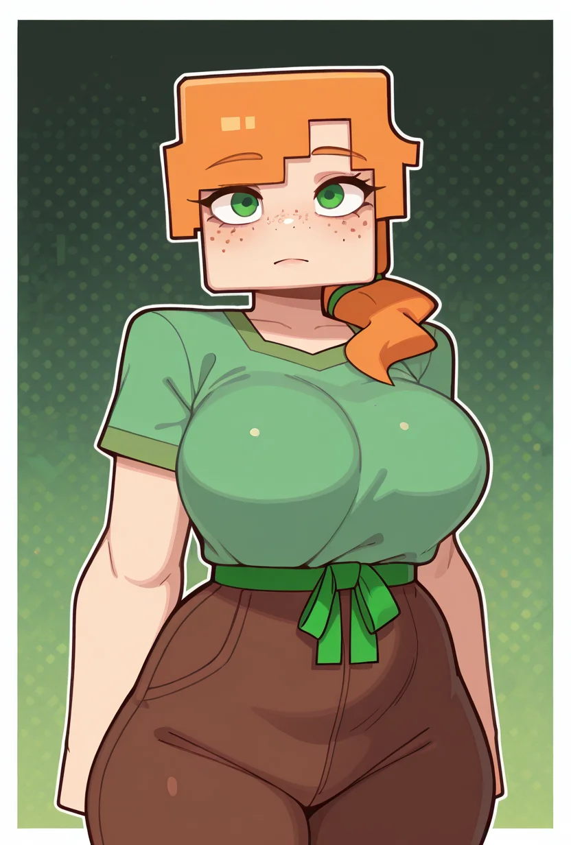 <lora:alexmc-05:1> alexmc, orange hair, 1girl, solo, green eyes, long green shirt, brown pants, short sleeves, freckles, square arms, square body, green waist ribbon,  minecraft world, looking at viewer  <lora:welwraith-guy90-Illust-Lycorisv1:1> welith, curvy, masterpiece, best quality, amazing quality, very aesthetic, absurdres, newest,, upper body, halftone effect, white borders, abstract background:1.2,
