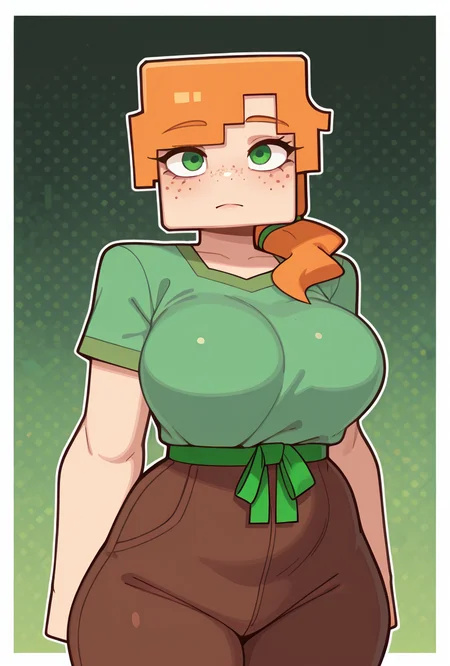<lora:alexmc-05:1> alexmc, orange hair, 1girl, solo, green eyes, long green shirt, brown pants, short sleeves, freckles, square arms, square body, green waist ribbon, minecraft world, looking at viewer <lora:welwraith-guy90-Illust-Lycorisv1:1> welith, curvy, masterpiece, best quality, amazing quality, very aesthetic, absurdres, newest,, upper body, halftone effect, white borders, abstract background:1.2,