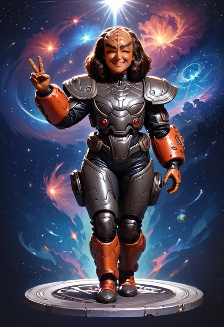 (score_9, score_8_up, score_7_up), full body anime portrait, young kling0n alien girl, forehead ridges, brown skin, long eyebrows, peace sign, holding up 2 fingers, huge smile, eyes closed, leather battle armor, space station detailed background