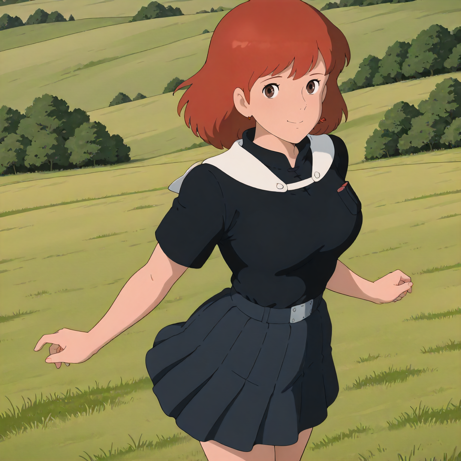 <lora:NotVotW_NausicaaXLIllustrious022>,
masterpiece,best quality,good quality,newest,
outdoors,detailed background,grassland,nature,
smile,
looking at viewer,
solo,
VWNausicaa,1girl,brown hair,medium hair,brown eyes,
breasts,
standing,
school_uniform,white sailor color,black shirt,short_sleeves,pleated_skirt,black skirt,