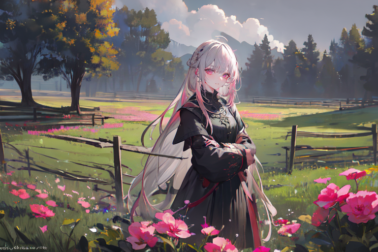 (otherworldly), highly insanely detailed, masterpiece, top quality, best quality, highres, 4k, 8k, RAW photo, (very aesthetic, beautiful and aesthetic), farm, fields, barn, fence, fantfa, <lora:FantasyFarm-10:0.5>, 
1girl, 
(grey hair,pink hair ), 
(dark background),âââ