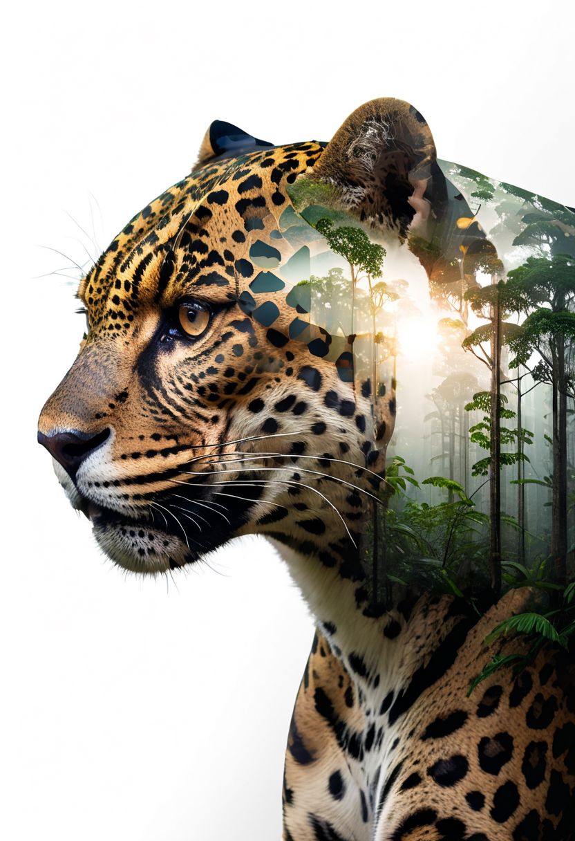 mysterious silhouette of a Jaguar, amazing depth, double exposure, surreal, rainforest, pattern, lightening, geometric patterns, intricately detailed, bokeh,  perfect balanced, deep fine borders, artistic photorealism , smooth,  with a white background