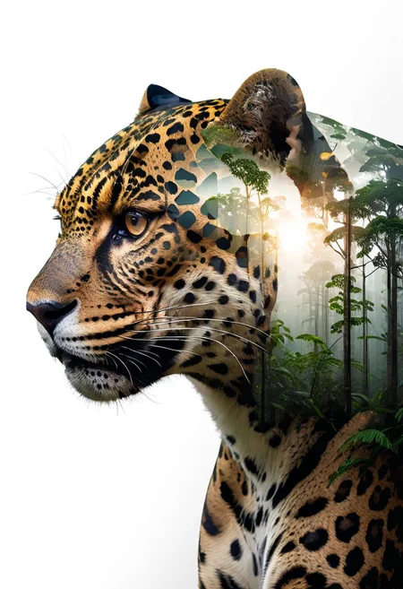 mysterious silhouette of a Jaguar, amazing depth, double exposure, surreal, rainforest, pattern, lightening, geometric patterns, intricately detailed, bokeh,  perfect balanced, deep fine borders, artistic photorealism , smooth,  with a white background