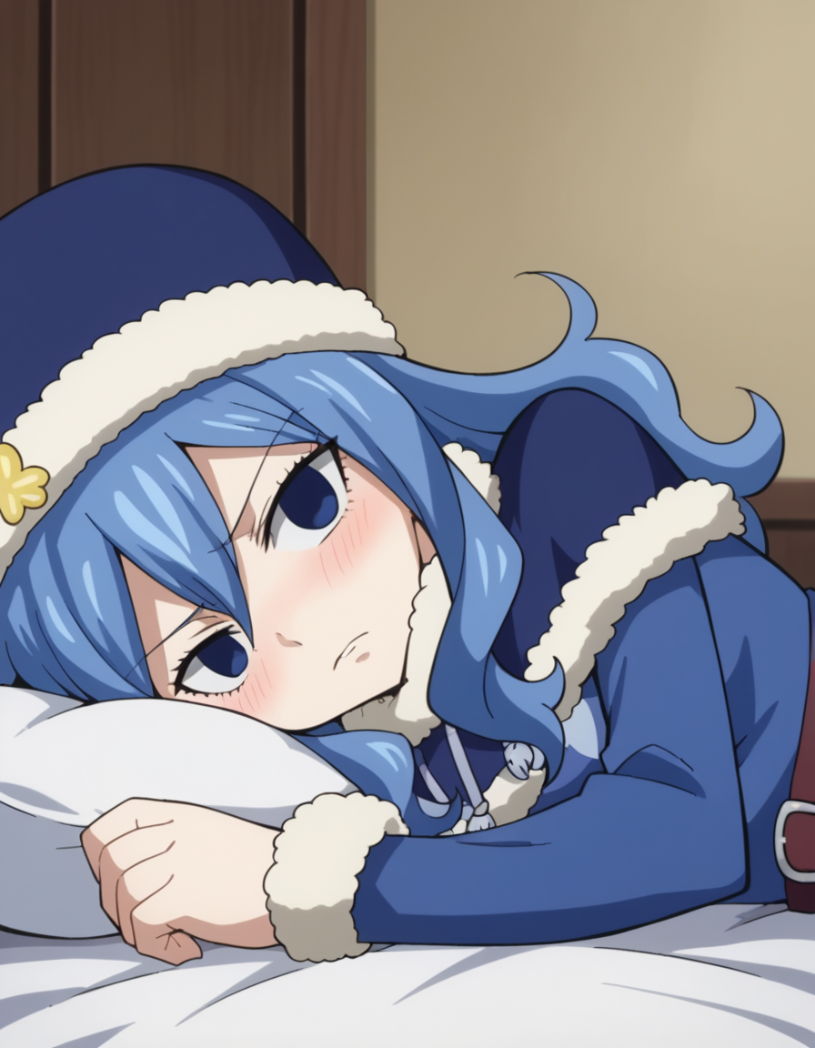 score_9, score_8_up, score_7_up, source_anime,
juvialockser, <lora:juvia-lockser-s7-ponyxl-lora-nochekaiser:1>,
juvia lockser, long hair, blue eyes, blue hair, wavy hair, hair between eyes,
hat, dress, belt, fur trim, fur hat, capelet, blue dress, long sleeves,
indoors, bed, bed room, on side, blush, drunk,
looking at viewer, cowboy shot, dutch angle,