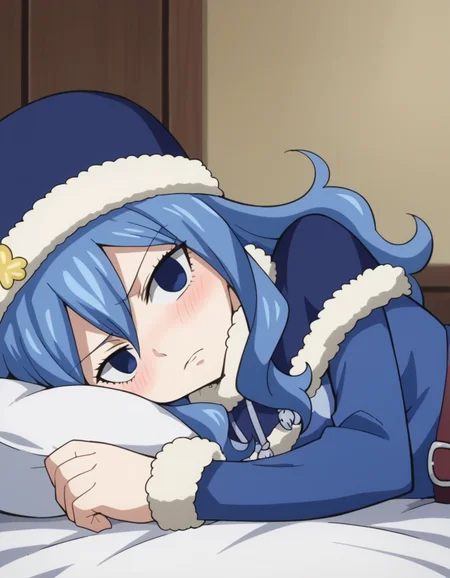 score_9, score_8_up, score_7_up, source_anime,
juvialockser, <lora:juvia-lockser-s7-ponyxl-lora-nochekaiser:1>,
juvia lockser, long hair, blue eyes, blue hair, wavy hair, hair between eyes,
hat, dress, belt, fur trim, fur hat, capelet, blue dress, long sleeves,
indoors, bed, bed room, on side, blush, drunk,
looking at viewer, cowboy shot, dutch angle,
