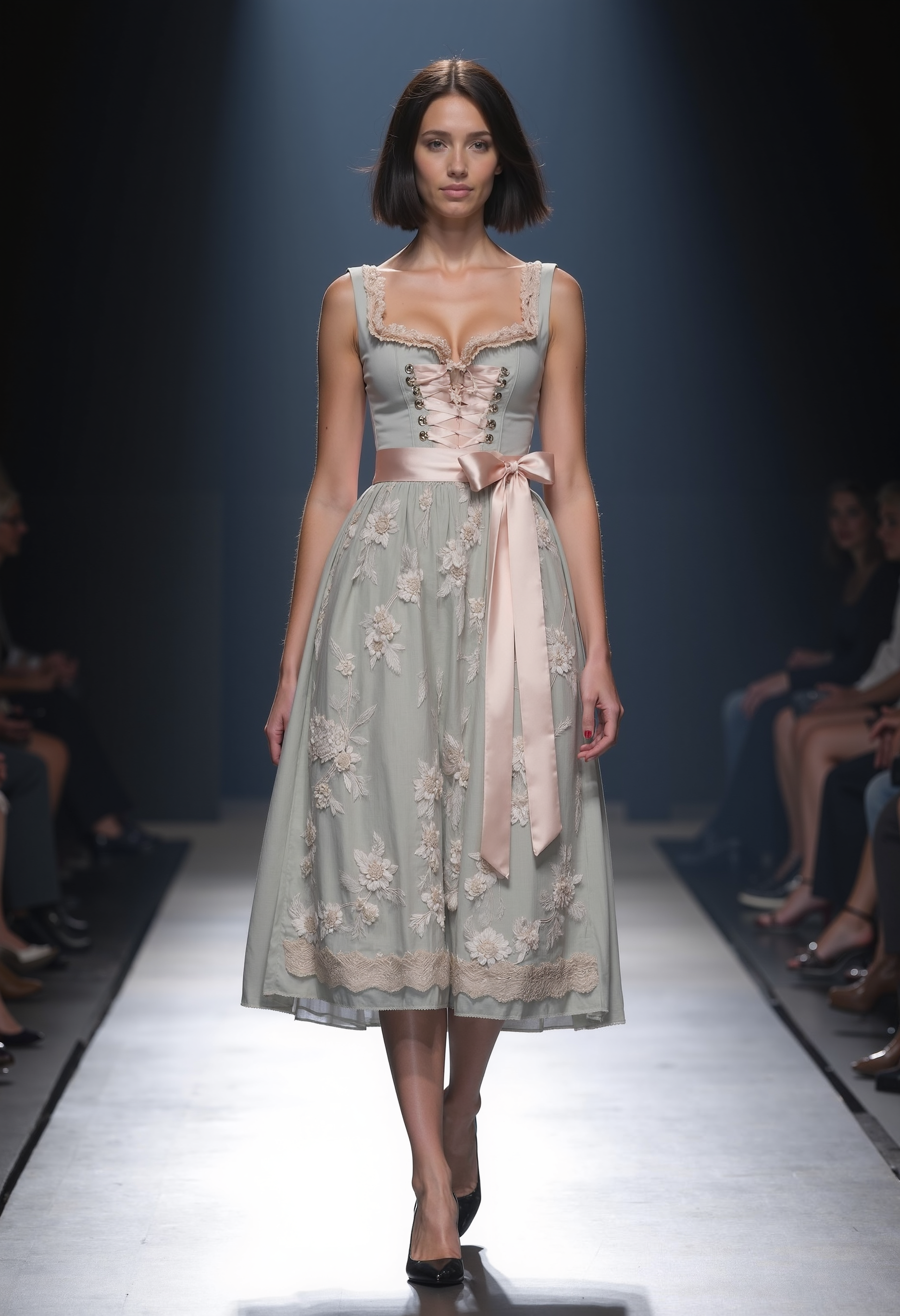 clo032, full body shot, beautiful young woman wearing A traditional dirndl dress in pale sage green with intricate floral lace embroidery on the skirt, a sleevless corset-style bodice with metallic hooks and a pink satin ribbon lace-up, finished with a pink ruffle neckline and sash bow. black high heels. walking on a catwalk, spotlight at her, black short hair