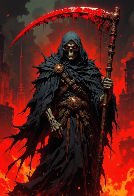 Death incarnate in a long black robe. skeletal face. boney hand and arm. Holding a giant red bloody scythe. Background of flames and chains,CAICO