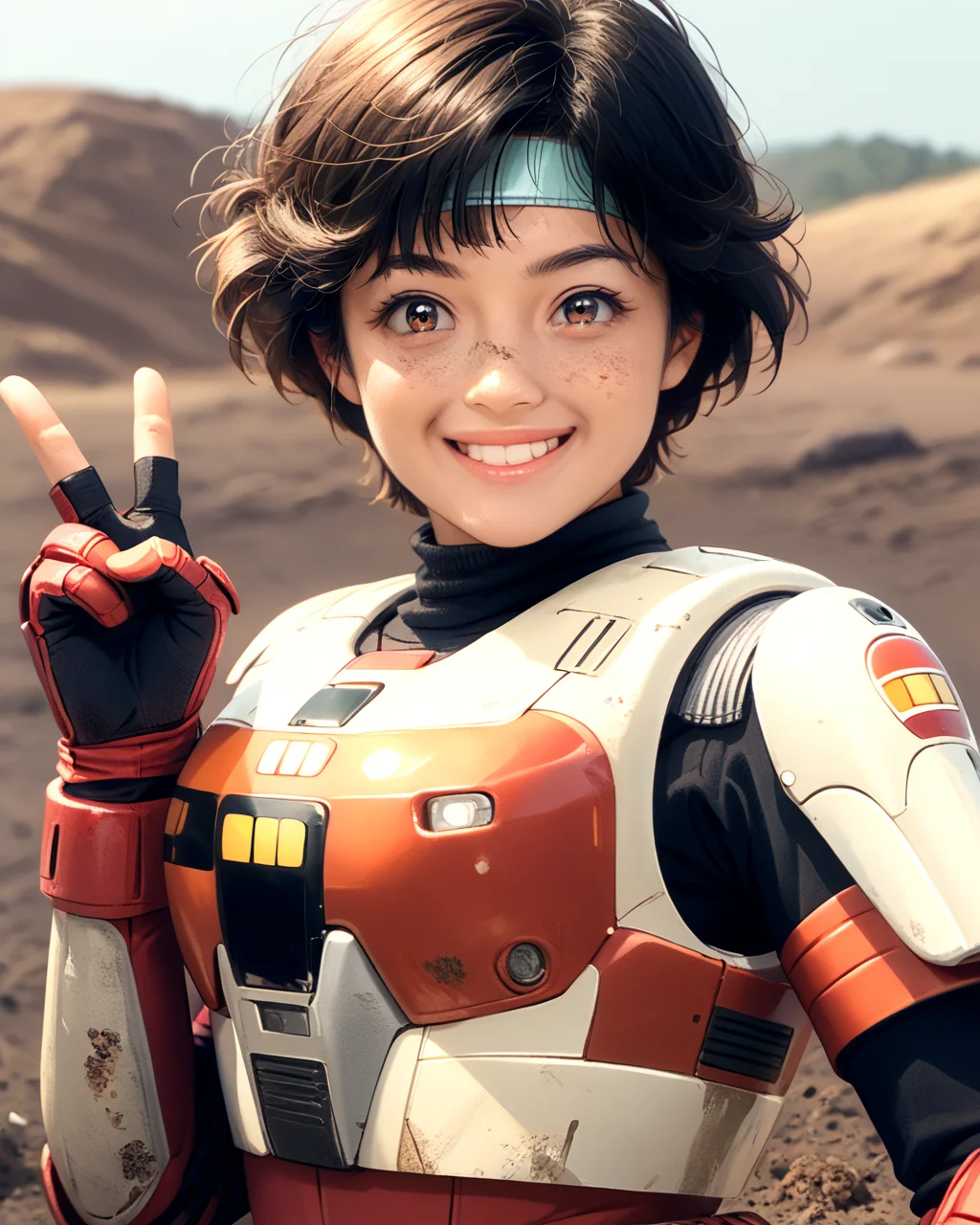 <lora:10_diana_full_2_pdxl-000004:1>, score_9, score_8_up, score_7_up, spielban_diana, cost3, 1girl, solo, diana_lady_suit, brown eyes, black hair, short hair, blue diana_headband, standing, outdoors, dirt slope, battle armor, smile, victory sign, upper body