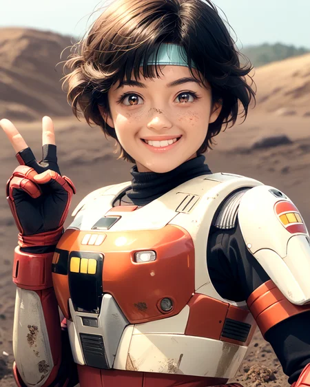 <lora:10_diana_full_2_pdxl-000004:1>, score_9, score_8_up, score_7_up, spielban_diana, cost3, 1girl, solo, diana_lady_suit, brown eyes, black hair, short hair,  blue diana_headband, standing, outdoors, dirt slope, battle armor, smile, victory sign, upper body