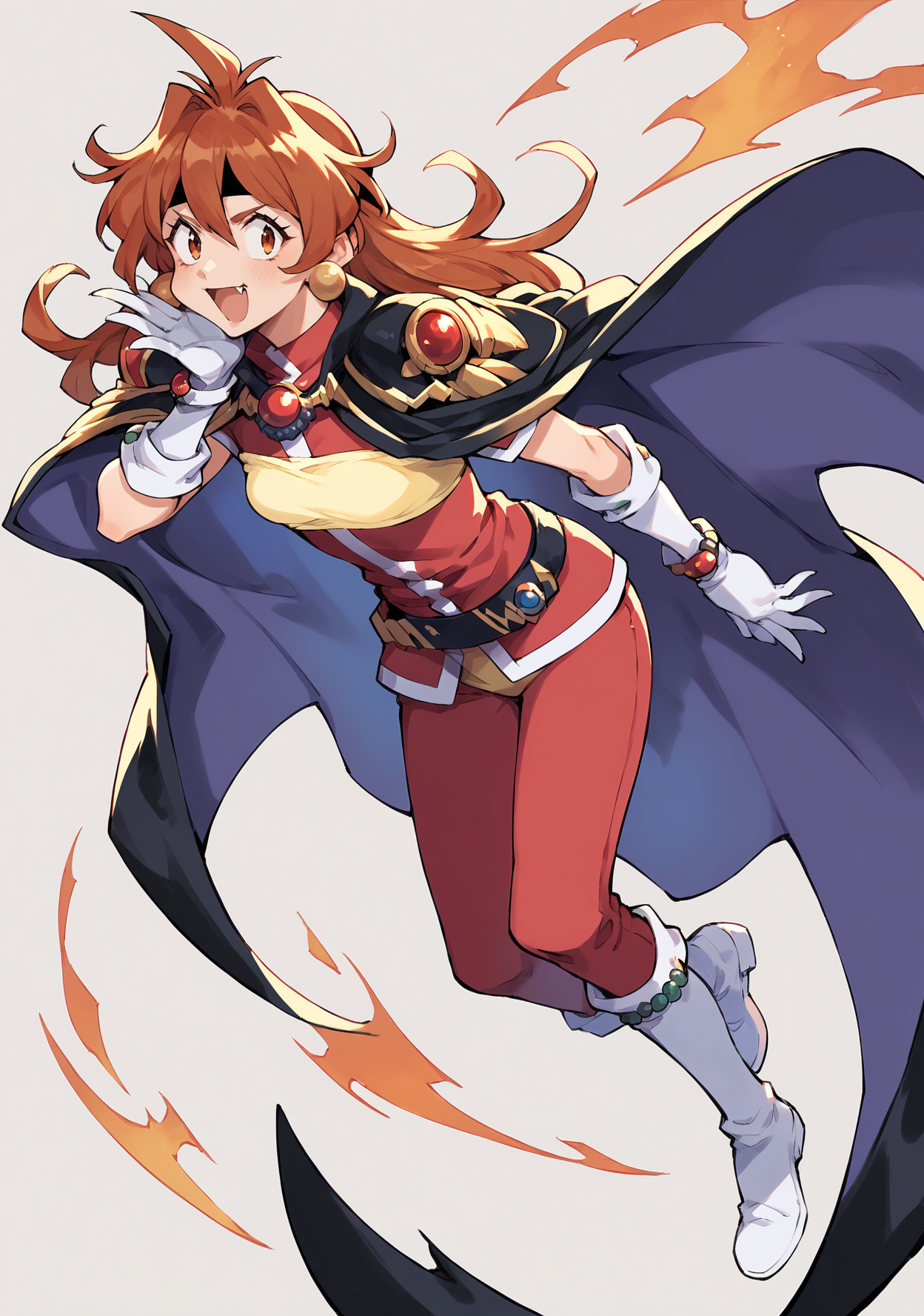 score_9, score_8_up, LNPD-tvs, 1girl,  <lora:Lina PDXL:1>,  yellow trim, headband, white footwear, white gloves, white trim, brooch, red pants, pauldrons, fang, cape,
