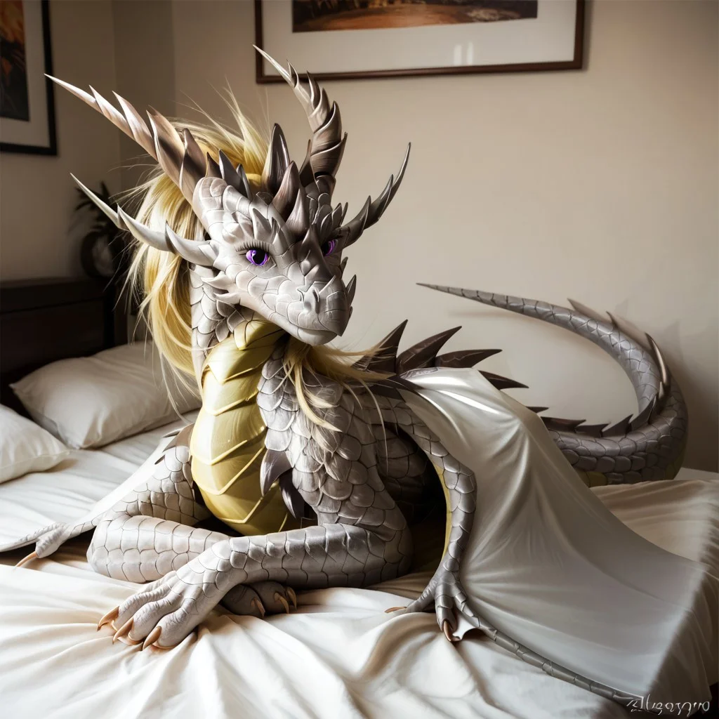 core_9, score_8_up, score_7_up, score_6_up, masterpiece, high quality, realistic, detailed, best quality, solo, rating_safe, source_furry, bedroom, smiling, seductive, looking at viewer, on bed, negative_hand, full body, feral, azaries_amnera, dragon, blonde hair, purple eyes, gray scales, wings, horns, tail, claws, female, 1girl, lying on side