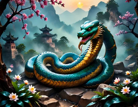 	In the depths of an enchanted forest in China, a giant serpent, symbol of the Year of the Snake, emerges majestically. Its scales shimmer like jewels under the sun's rays, blending vibrant green and gold. The villagers, fascinated, gather to admire this mystical creature, believing it brings wisdom and prosperity. The serpent, guardian of ancient secrets, slowly winds around the mountains, leaving behind a trail of blooming flowers and promises of abundance. During the full moon, it will dance to the rhythm of drums, turning the night into a celebration of renewal and harmony, uniting everyone in tradition