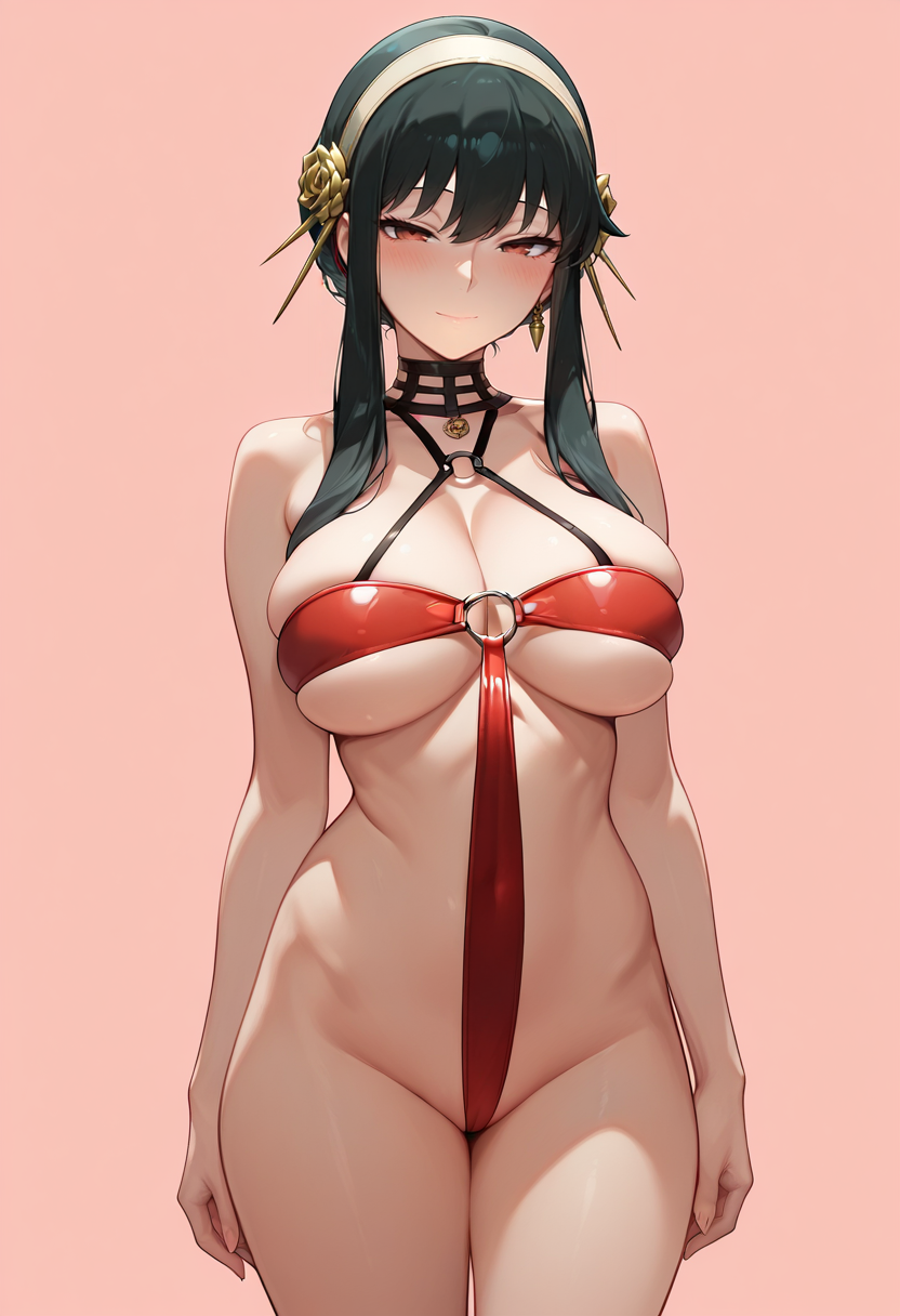 masterpiece,best quality,absurdres, amazing quality, uncensored,
1girl, solo,
standing,
looking at viewer, half-closed eyes, light smile, 
simple background, pink background, 
 <lora:Cross_Swimsuit:0.8> Cr055_5w1ms01t, o-ring swimsuit, skindentation,  yor briar,