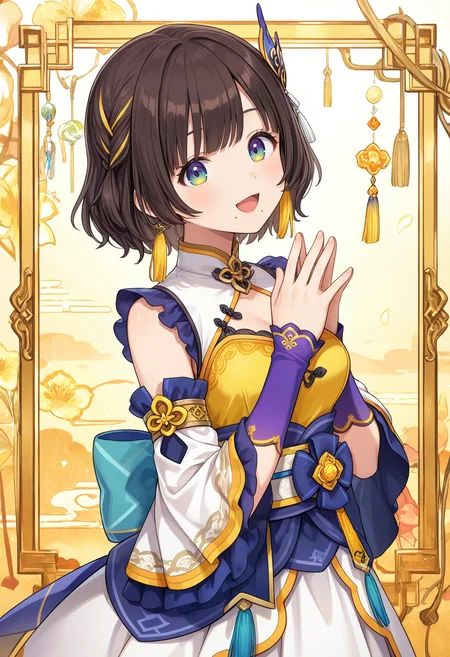 masterpiece, best quality, newest, absurdres, highres, safe, very aesthetic, intricate details, vibrant,
1girl, niji-rikocos1, medium breasts, brown hair, blue eyes, green eyes, multicolored eyes, mole under mouth, single mole, short hair, braid, yellow braided ribbon, wing hair ornament, tassel earring, yellow tassel, yellow dress, white dress, clothing cutout, sleeveless, shoulder frills, white sash, flower ornament, bow, detached sleeves, white sleeves, long sleeves, purple arm warmers, white skirt, layered skirt,
upper body, standing, :d, looking at viewer, (from side:0.1), (head tilt:1.3), palms together:0.2|steepled fingers:1, (hands up:1.2)
<lora:niji-riko:0.7>
