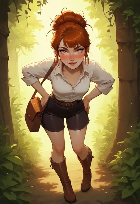 masterpiece, best quality, 1girl, solo, cute, eyelashes, (beautiful eyes), beautiful lips,
,,,
upper body, leaning forward, portrait,
1girl, solo, auburn hair, curly hair, messy bun, freckles, hazel eyes, faint blush, oversized white button-up shirt, sleeves rolled up, black high-waisted shorts, brown leather belt, knee-high boots, wearing a satchel bag, standing in a lush green forest, dappled sunlight, adventurous vibe, full body, hands on hips, soft smile, looking at viewer, painterly style, warm lighting, sinozick.