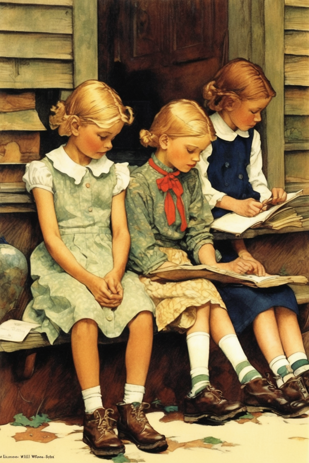 Jessie Willcox Smith Style - Eleanor b Campbell/Norman Rockwell style, childrens illustrations, hyper detail, maximalism, 8 year old girls sitting alone lonely while others kids around her are playing at recess
