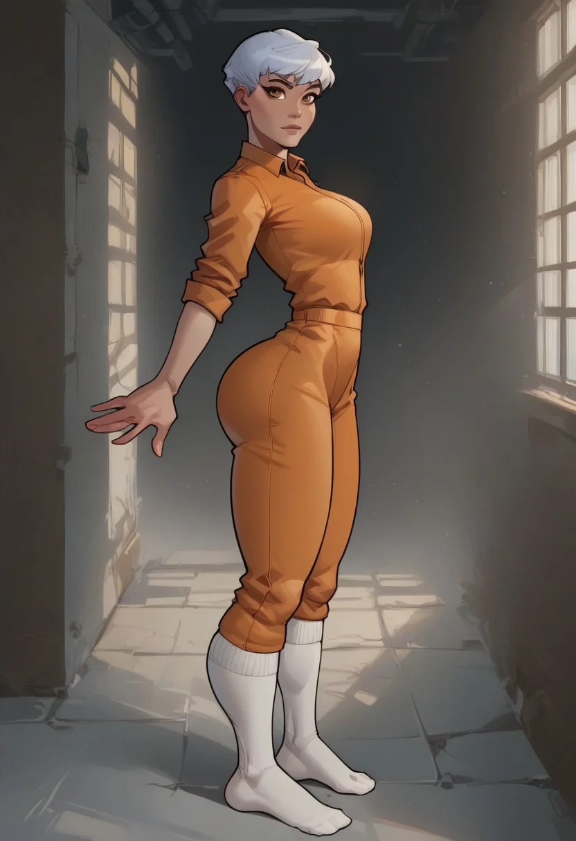 score_9,score_8_up, score_7_up, (1girl), kairiimahara, valkapl, Valkyrie, white hair, short hair, brown eyes, , perfect face, perfect hands, perfectly round breasts, wide hips, from side, looking at viewer, standing, AdamHughesstyle, Expresiveh, wearing an orange prison jumpsuit, orange prison uniform, white socks, prison cell,