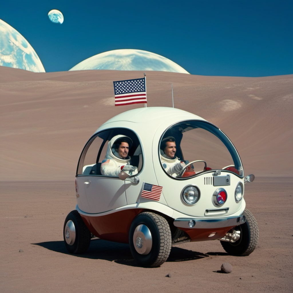 an astronaut drives pearly white bubble car, on the moon, american flag, earth, space, stars,  photography, ultra sharp, film, professional, 64k <lora:PeaCar1024:0.8> <lora:add-detail-xl:1.5>