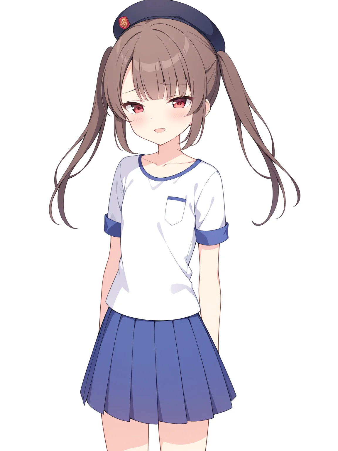 masterpiece, colorful, vector illustration, break
simple background, white background, break
solo, solo_focus, 1girl, young, thin, from_front, standing, upper body,
break
beret, blue skirt, collarbone, pleated skirt, short sleeves, skirt,
break
red_eyes, twintails, brown_hair, bangs, eyebrows_visible_through_hair, flat_chest, bangs,
looking at viewer, shy, blush, (open mouth:0.8), smile, half-closed eyes,
<lora:character_agv3_TSUMUGI:0.8>