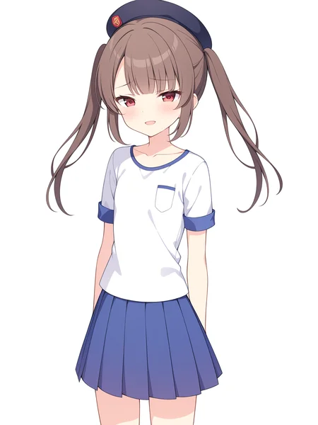 masterpiece, colorful, vector illustration, break
simple background, white background, break
solo, solo_focus, 1girl, young, thin, from_front, standing, upper body,
break
beret, blue skirt, collarbone, pleated skirt, short sleeves, skirt,
break
red_eyes, twintails, brown_hair, bangs, eyebrows_visible_through_hair, flat_chest, bangs,
looking at viewer, shy, blush, (open mouth:0.8), smile, half-closed eyes,
<lora:character_agv3_TSUMUGI:0.8>