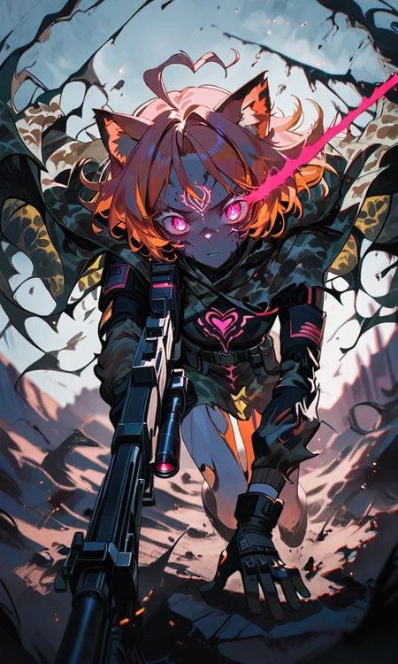 masterpiece,best quality,absurdres,very aesthetic,very awa,highres,newest,year 2024,year 2023,<lora:NLSTN-IL_1412568:1>,nlstn,glowing,dark,<lora:illustrious_quality_modifiers_masterpieces_v1_956369:0.7>,<lora:ponyv4_noob1_2_adamW-000017:0.7>,<lora:spo_sdxl_10ep_4k-data_lora_webui:0.6>,<lora:add-detail-xl:0.9>,<lora:KonyaKarasue-000008:0.4>,<lora:Isha_Illus_XL_1131795:0.6>,ishaILXL,heart ahoge,pink eyes,skinny,multicolored hair,white hair,pink hair,24 yo,24 year old girl,(white eyelashes:1.2),dynamic background,detailed,womb tattoo,dynamic_angle,flat chest,looking at viewer,facial mark,
masterpiece,best quality,high quality,newest,highres,8K,HDR,absurdres,1girl,solo,wolf ears,sniper rifle,camo cloak,tactical gear,scarred face,piercing yellow eyes,Orange hair with dark streaks,aiming at target,red laser sight,tactical gloves,mechanical eyepiece,futuristic sniper,high-tech scope,dusty battlefield,limited palette,intense expression,dynamic pose,dramatic lighting,strong depth of field,wind-blown hair,torn fabric,desert landscape,gritty realism,cinematic shot,dutch angle,foreshortening,blurred background,dust particles.,detailed background,dynamic pose,dynamic composition,dutch angle,detailed backgroud,foreshortening,blurry edges,