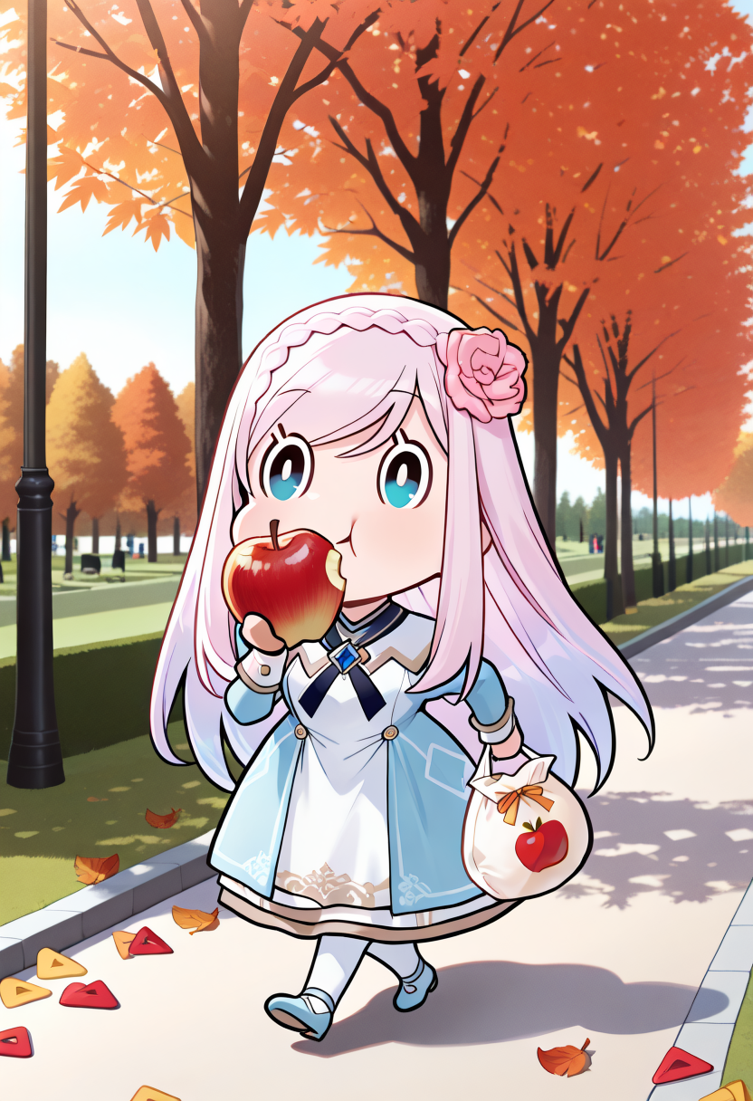 masterpiece, best quality,
SSJelly, solo, chibi,o_o,happy,pink hair ornament,black pupils,eating, (walking in park:1.3), (holding apple-filled bag:1.3), (swinging arms:1.1), (sunny day:0.9), (fall leaves on path:1.0), (light breeze:0.8), (plastic bag:1.0), (apple shapes visible:1.1)
